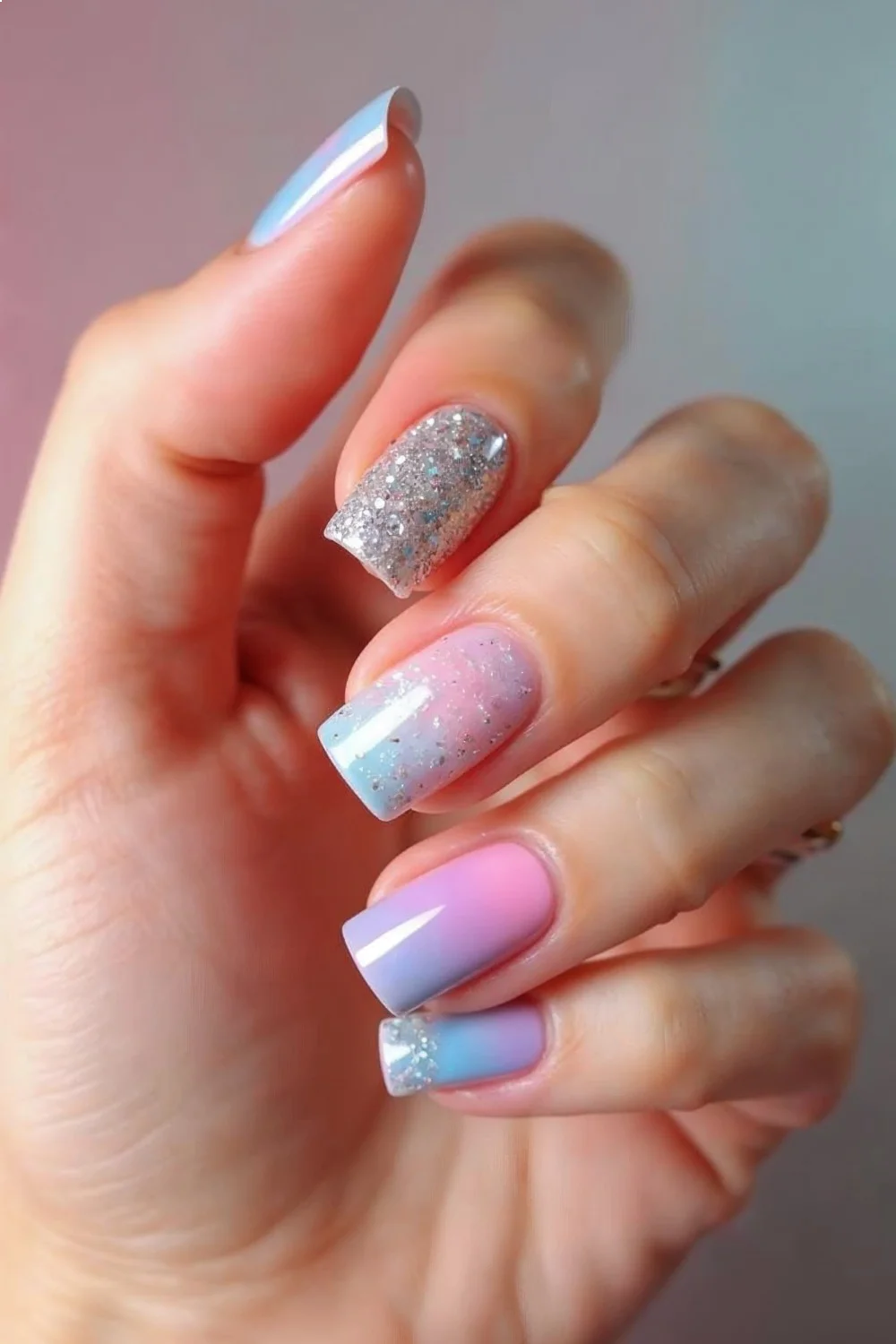 Four gradient nail variations on one hand: horizontal blue to pink, vertical pastel, glittery silver, and aura effect
