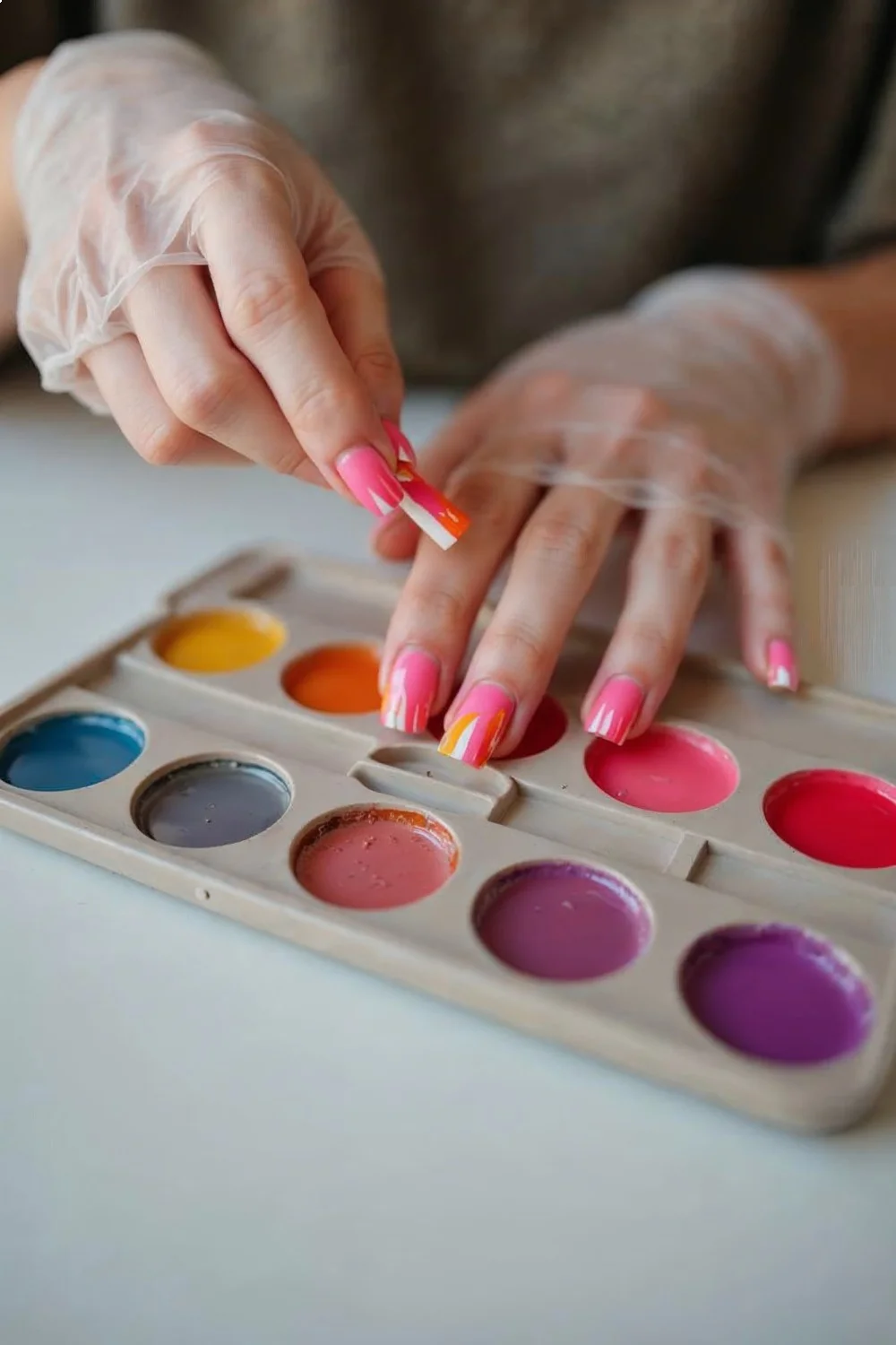 hands with coral pink gradient nails applying color from a paint palette while wearing protective gloves