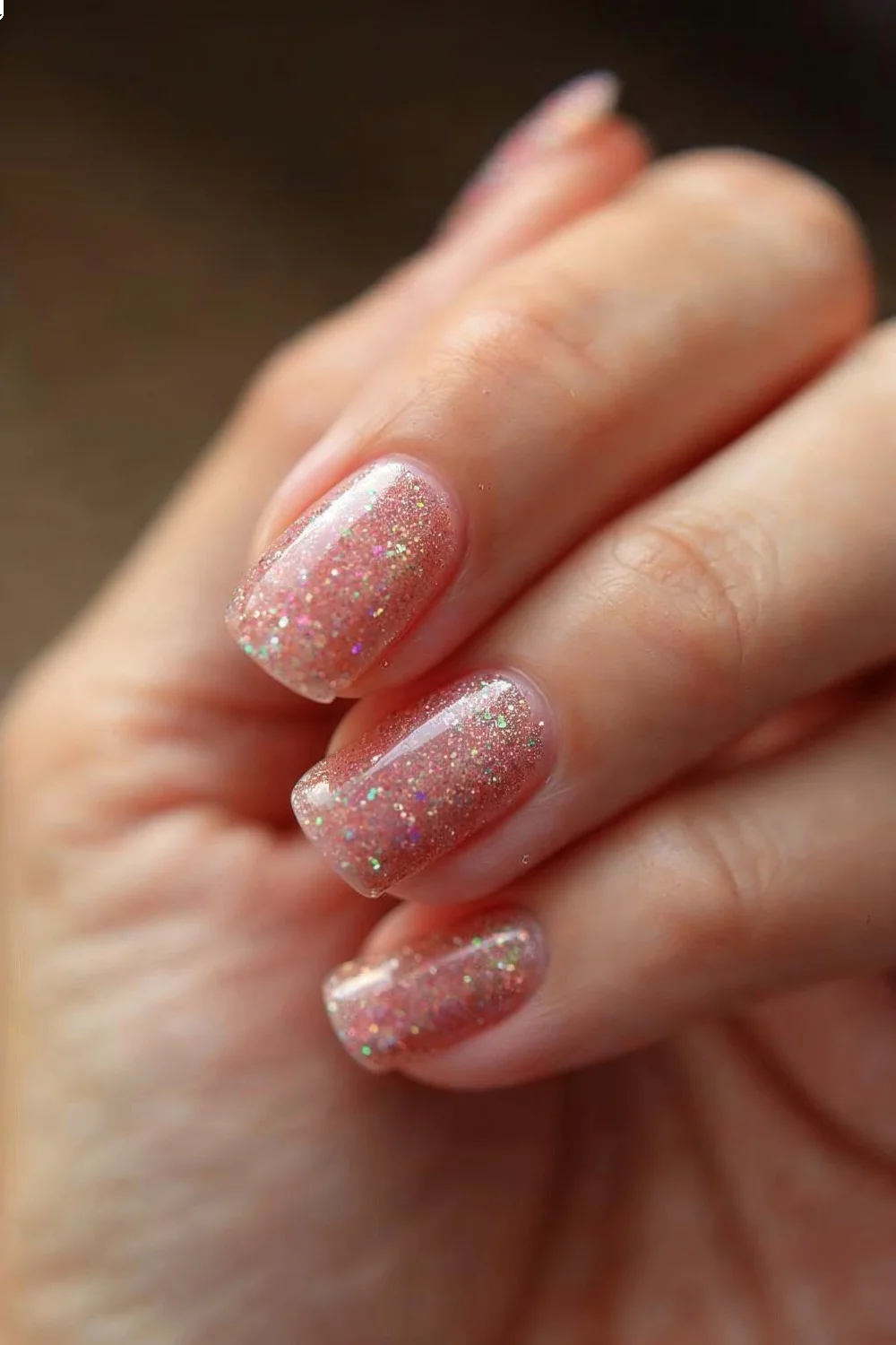 Side view of nails showing the ombré glitter effect with light catching the sparkles