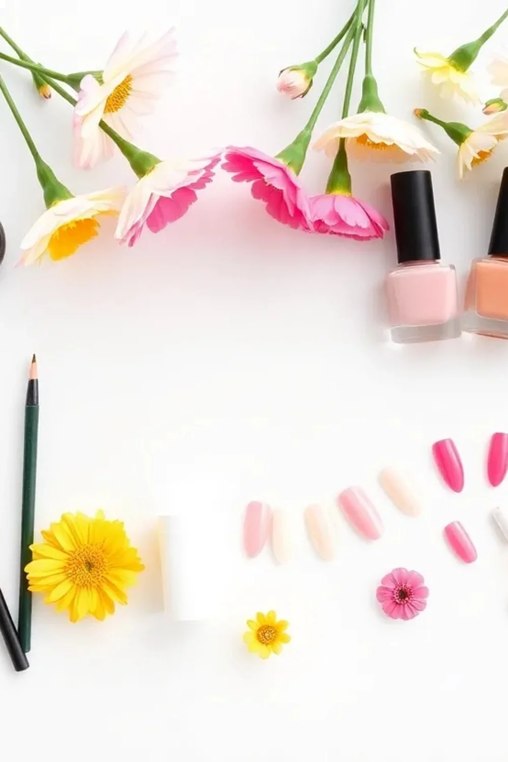 Flat lay of all nail art supplies arranged on white surface with spring flowers as props