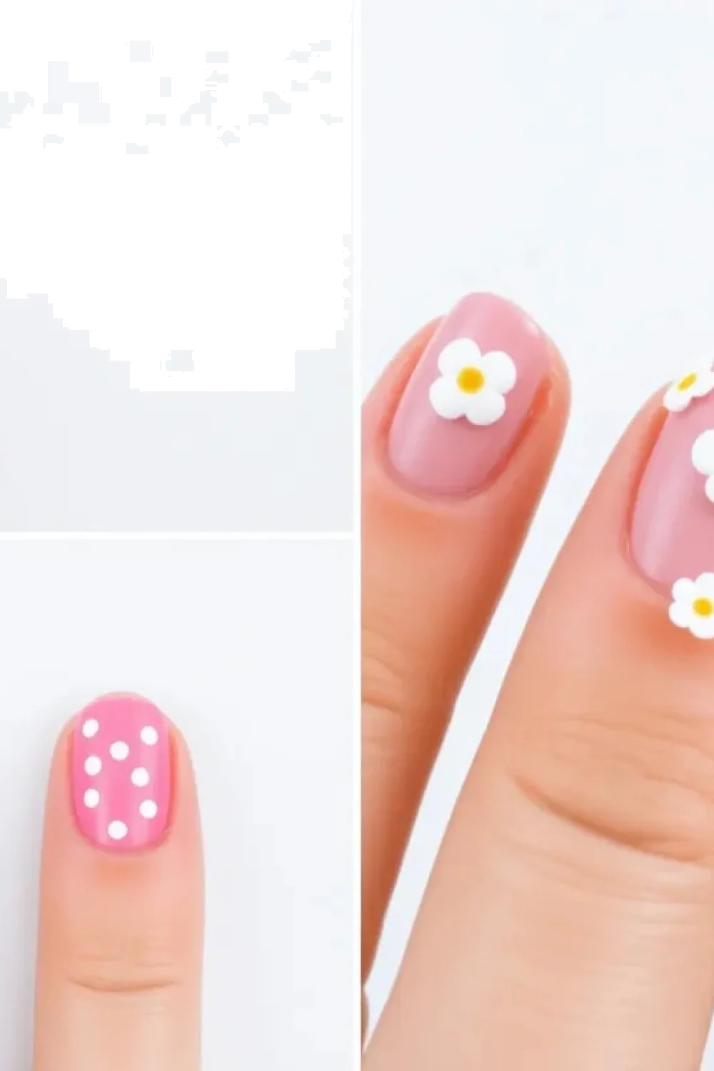 Step-by-step progression showing pink base, white dots, completed flowers, and final top coat