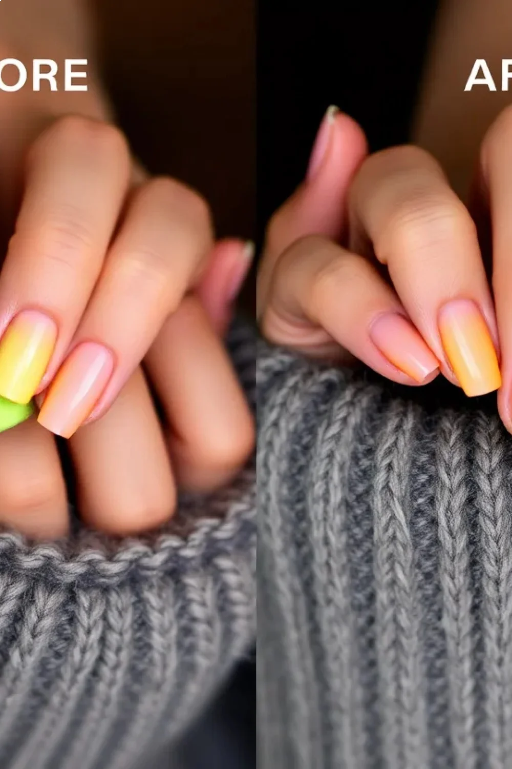 Hands showing gradient technique with sponge application and before/after comparison