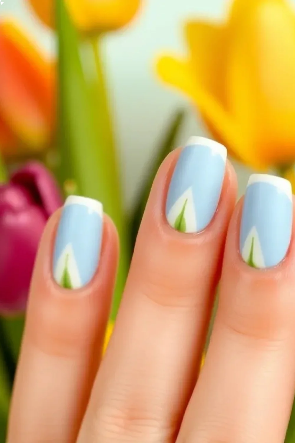 Close-up of completed tulip nails against spring background with actual tulips