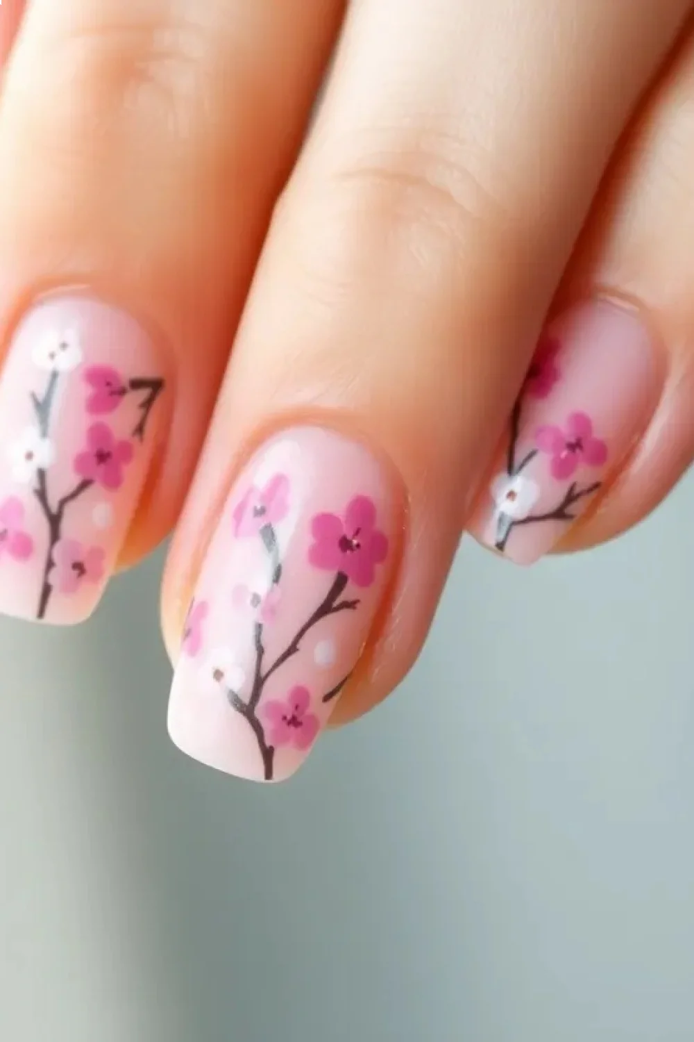 Completed cherry blossom nail art photographed against soft natural lighting