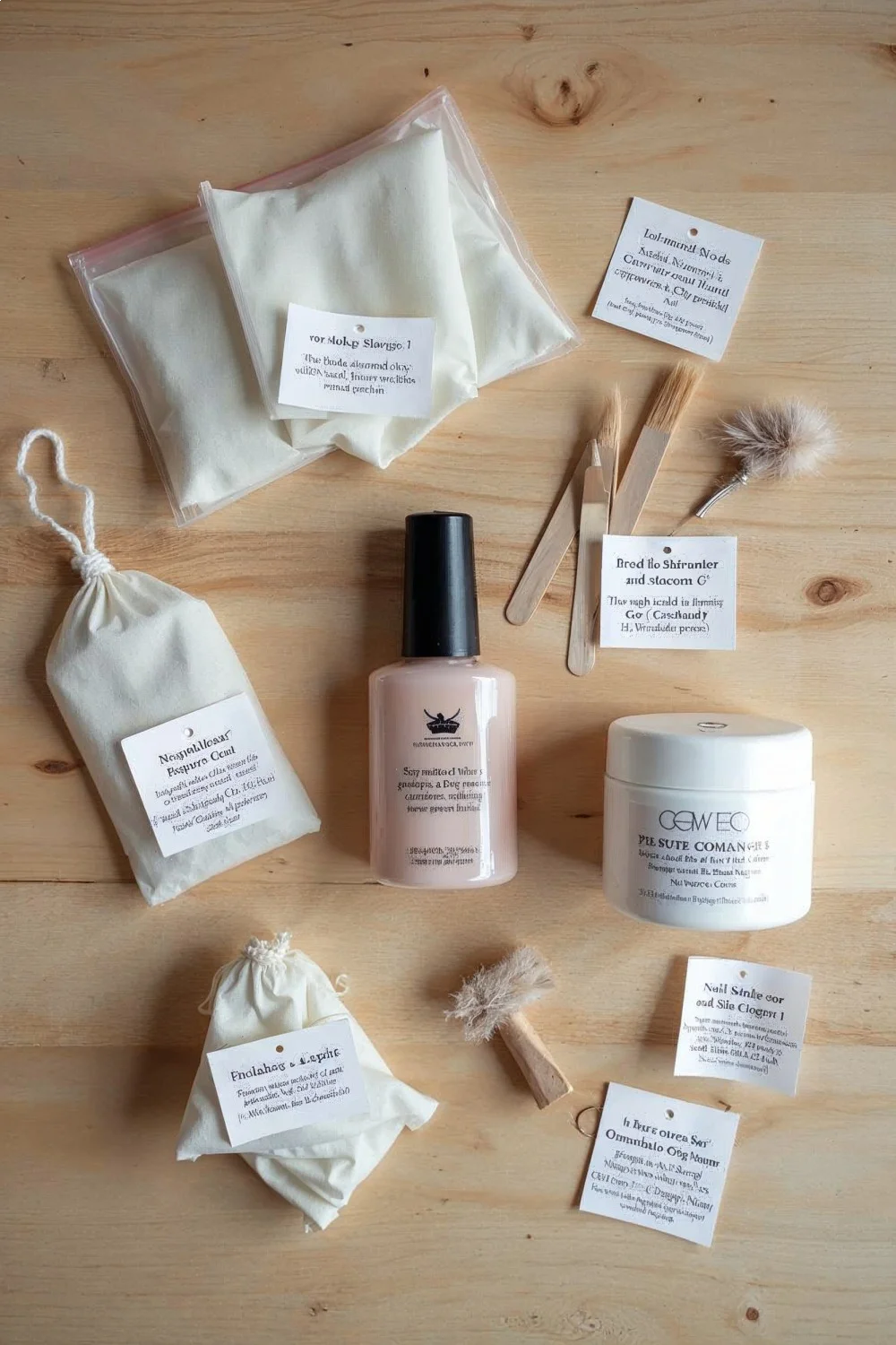 Flat lay of five nail repair methods with supplies: tea bag pieces, silk wrap kit, nail glue, base coat, gel system for how t