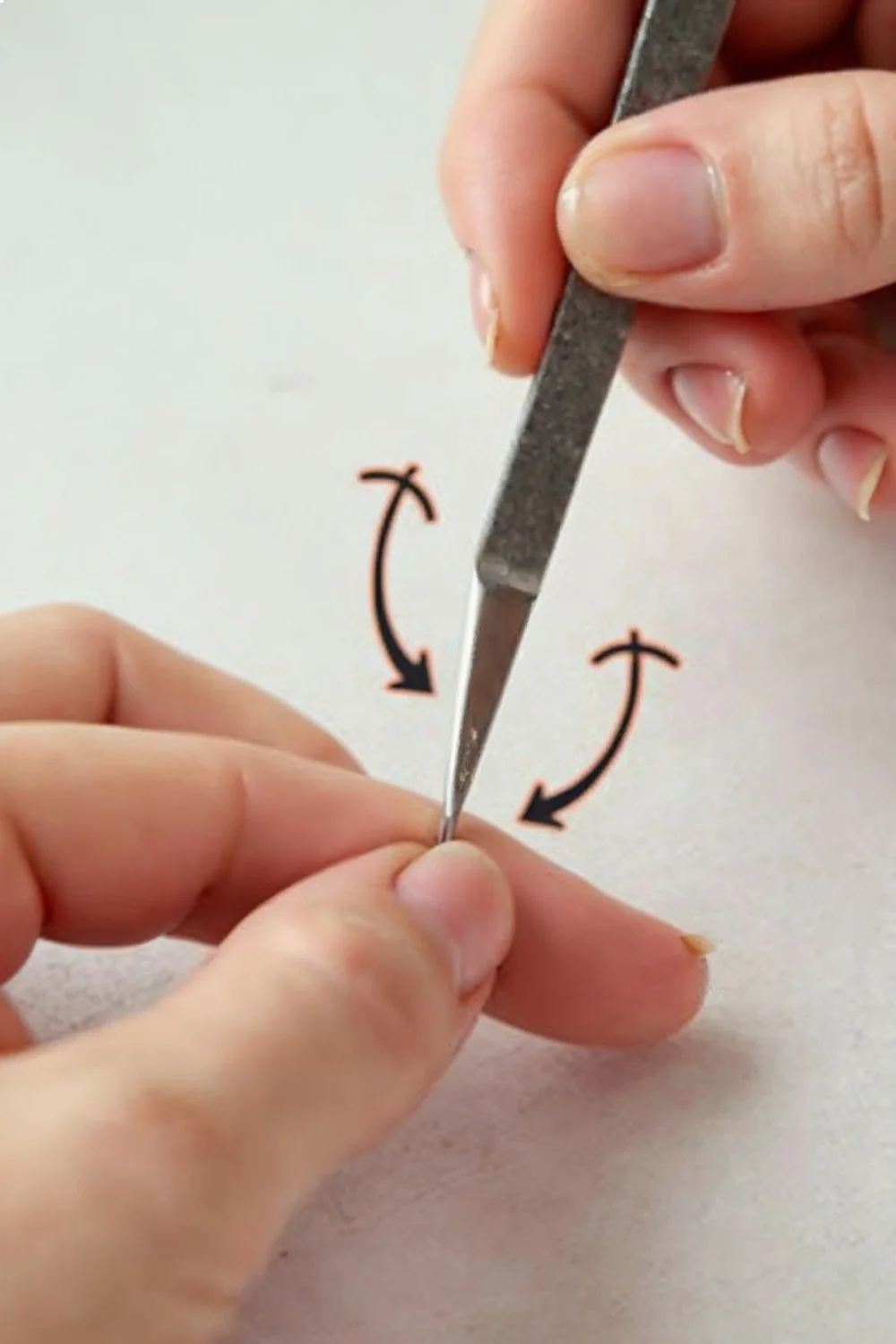 Diagram showing proper filing angle at 45 degrees with arrows indicating one-way motion for how to fix broken nails