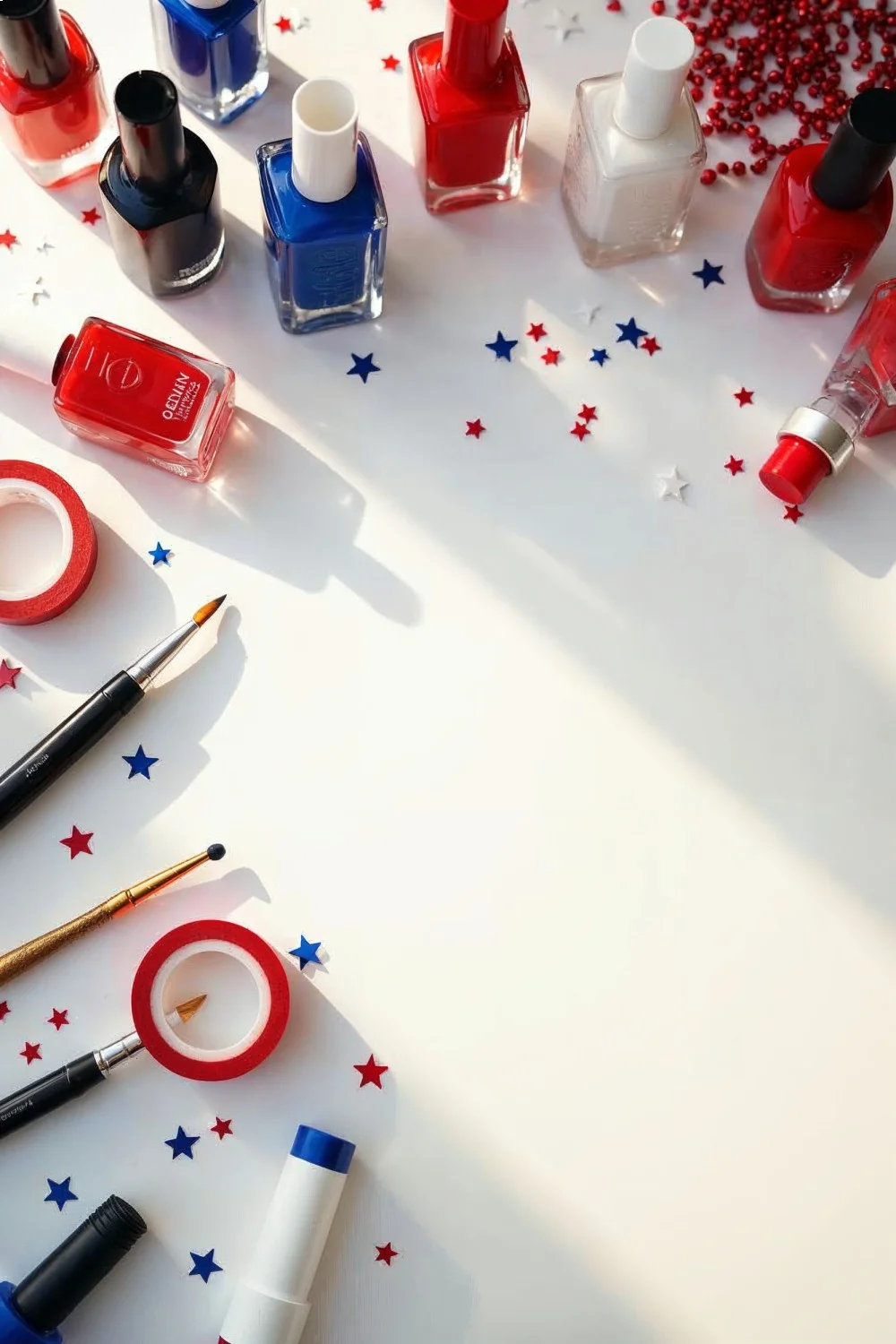 Flat lay of red, white, and blue nail polish bottles, base coat, top coat, and nail art tools on white background for fourth 