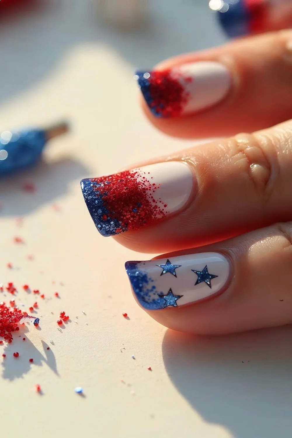 Red gradient nails with blue glitter tips and white base featuring blue stars, perfect for fourth of july nails
