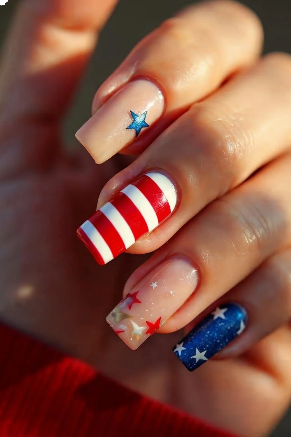 Negative space design with natural nails, red and white stripes, blue accent nail with stars for Fourth of July nails