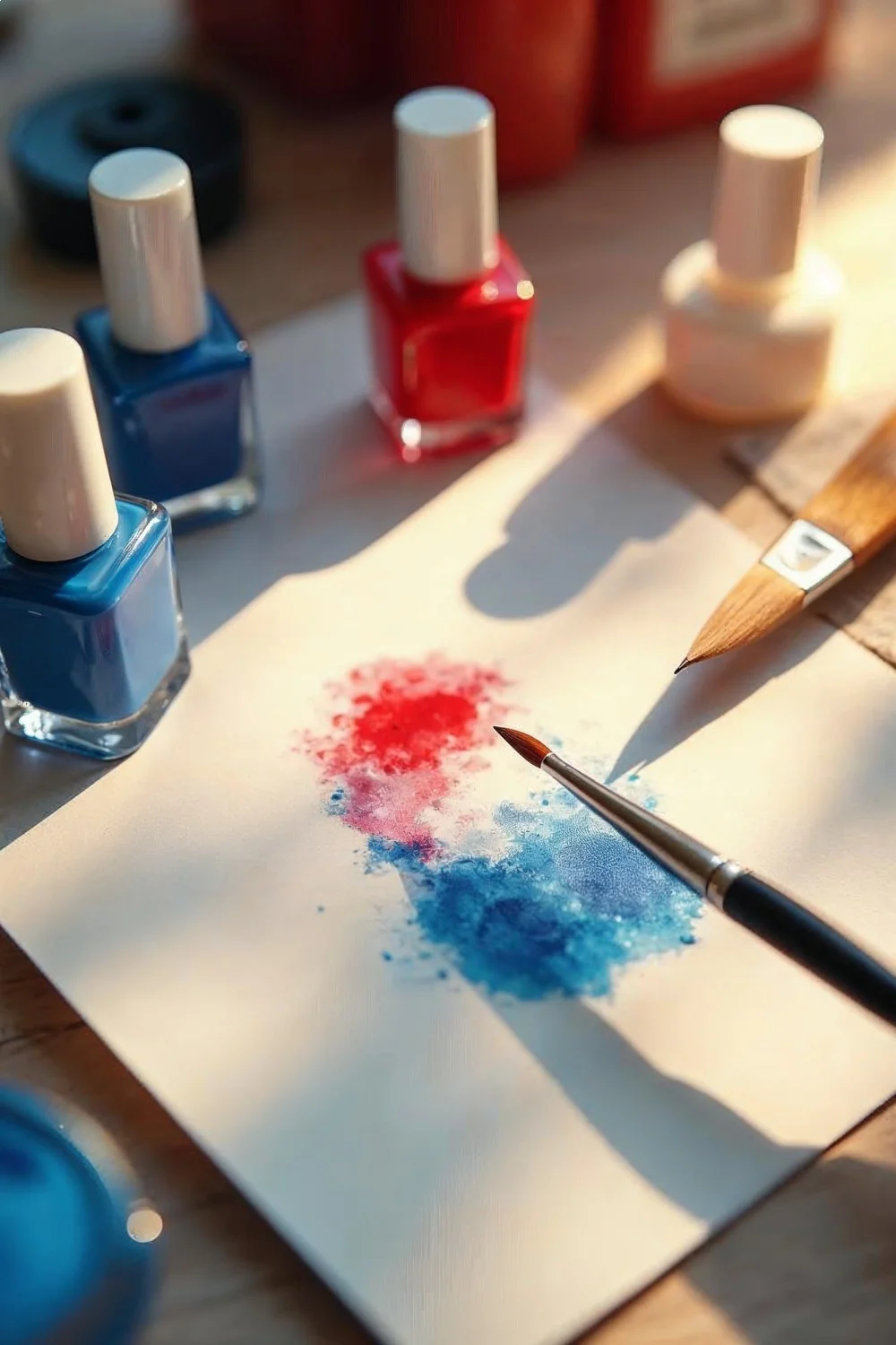 Watercolor patriotic nail design in progress with red, white, and blue polish bottles and a detail brush for fourth of july n