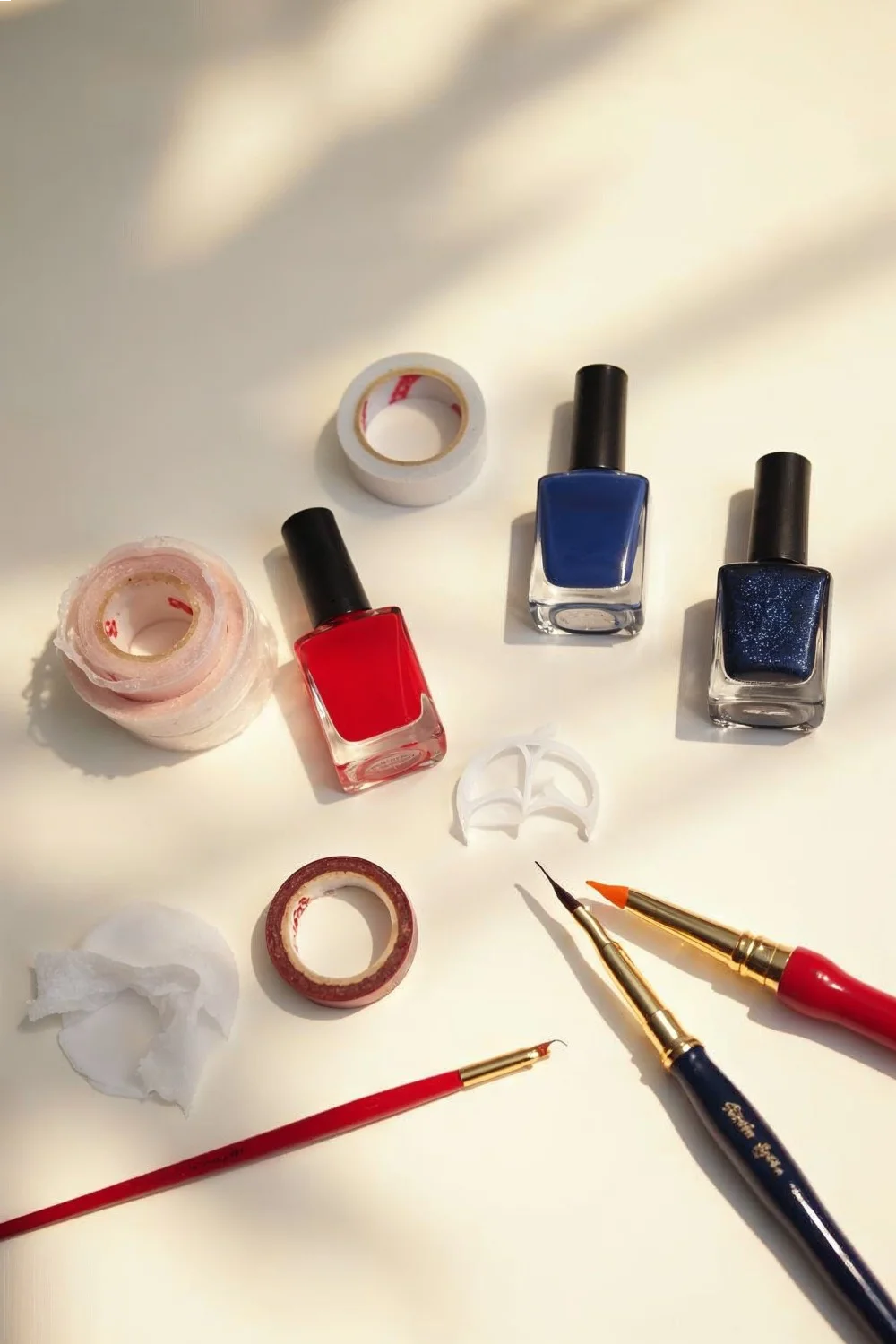 Flat lay of nail art supplies including red, white, and blue polishes, striping tape, and brushes for fourth of July nails