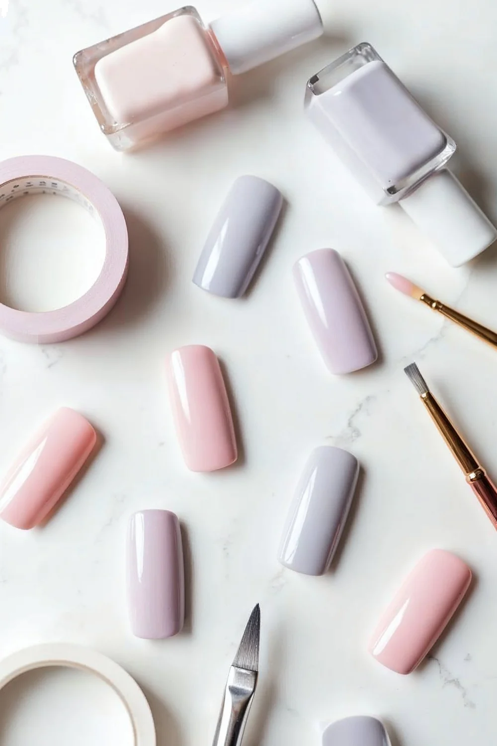 Flat lay of French manicure supplies including pastel pink and lavender polishes, striping tape, and brushes for a french man