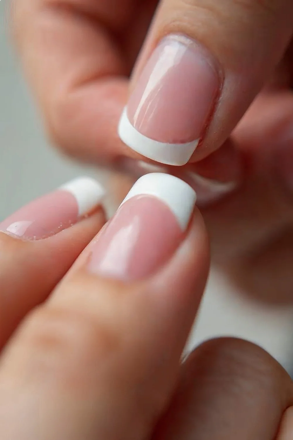 coral pink base with white French tips on almond-shaped nails in a tutorial setting