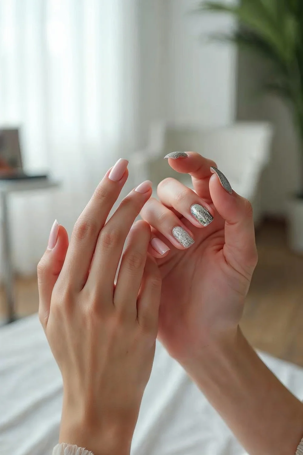coral pink french tips with chrome accents on almond-shaped nails in a soft-lit room