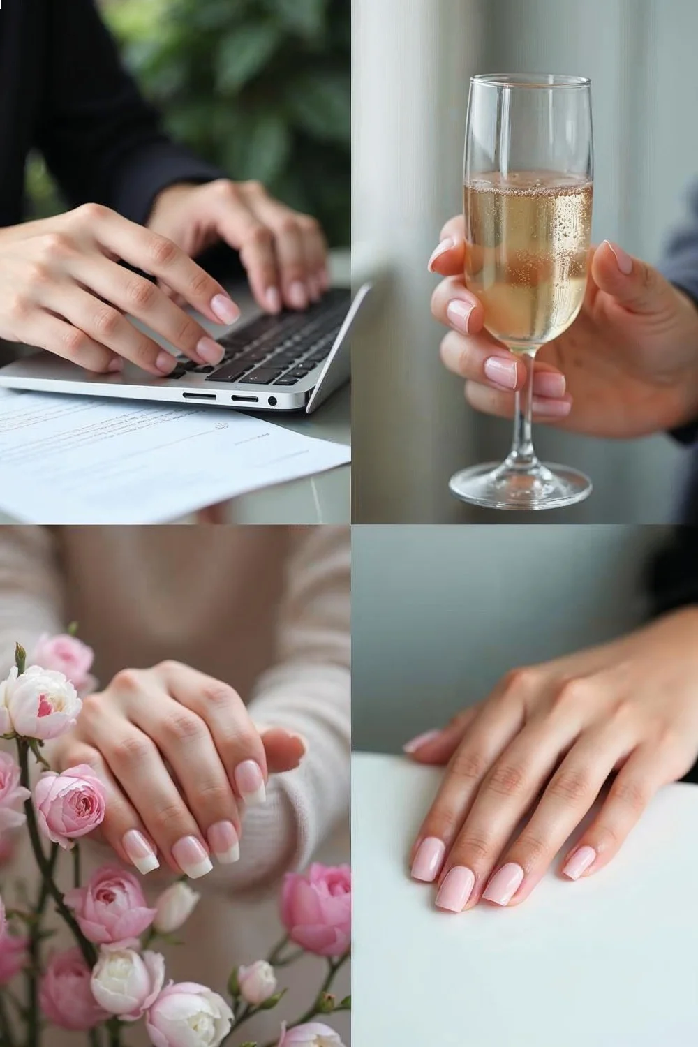 Four hands showcasing modern French manicure variations: neutral tips on office hands, metallic tips with champagne, pastel t