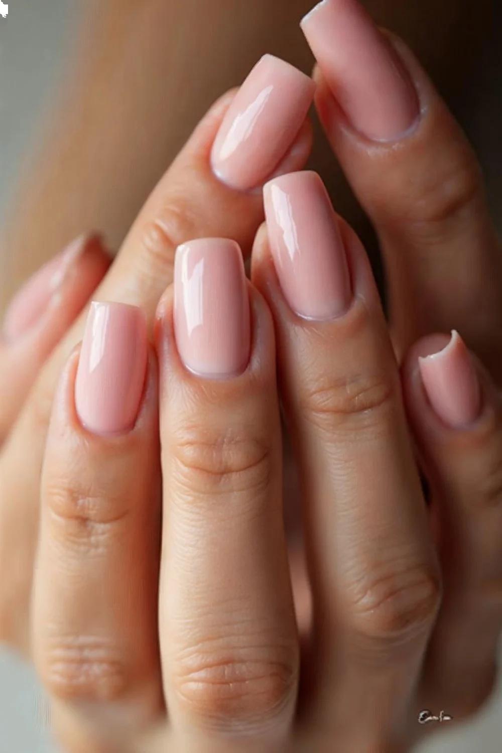 nude pink nails with a glossy finish showcasing a french manicure tutorial on a hand with warm undertones