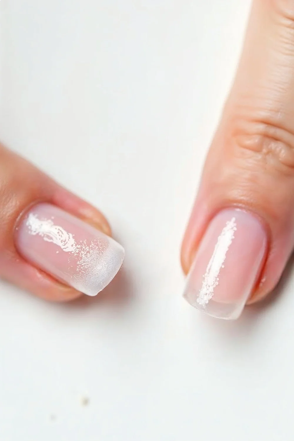 Soft gel polish on the left showing wrinkles under acetone, hard gel on the right remains smooth, demonstrating gel nail remo