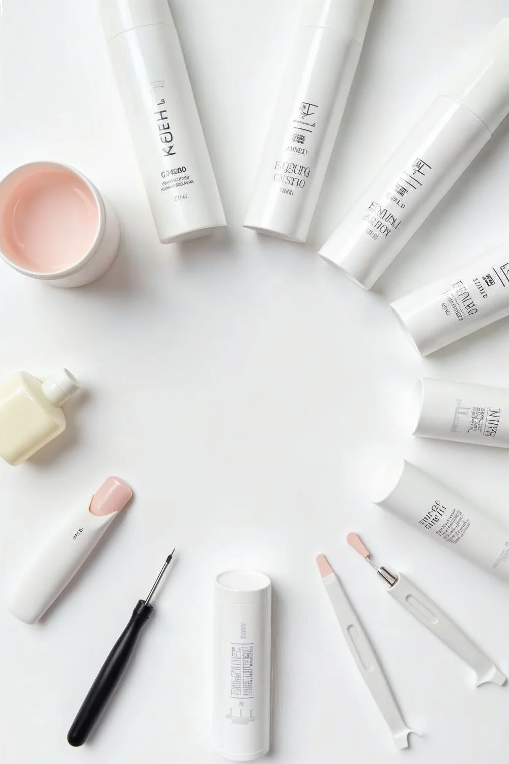 Flat lay of gel nail removal at home tools including white bottles, a pink cream, and various applicators on a white surface