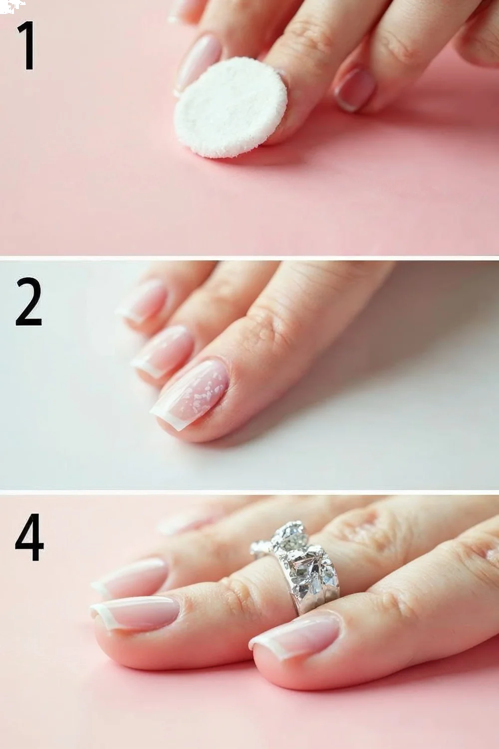 Buffing a nail with a white pad, coral pink French tips with gold accents, and a hand with a ring