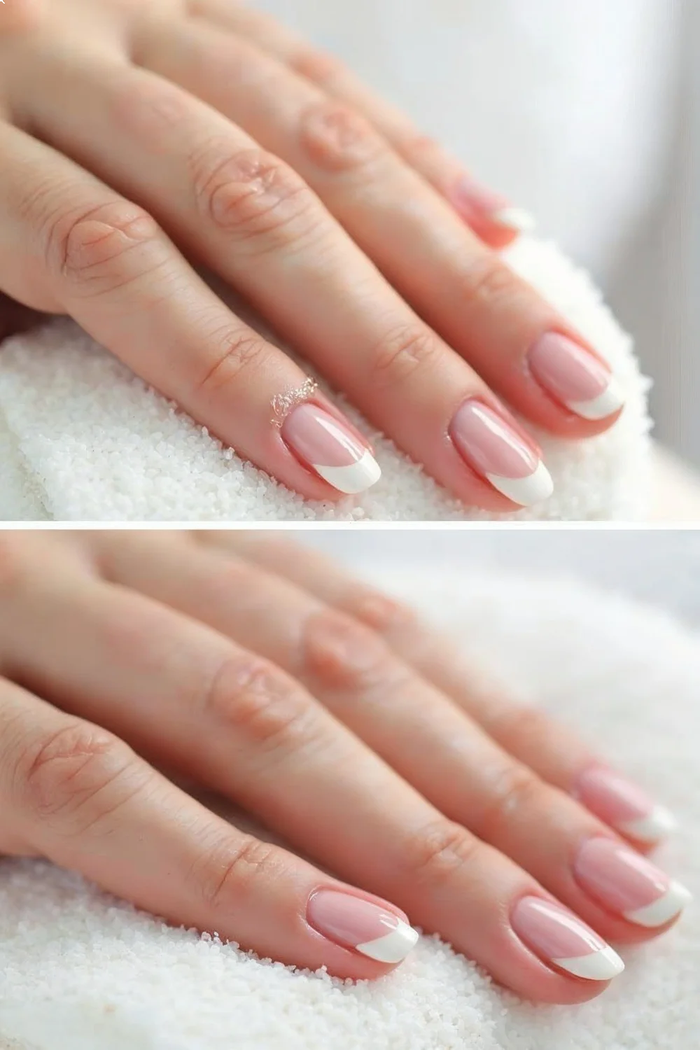 Dry, white nail surface post-gel nail removal at home above; hydrated, healthy nails with coral pink tips below