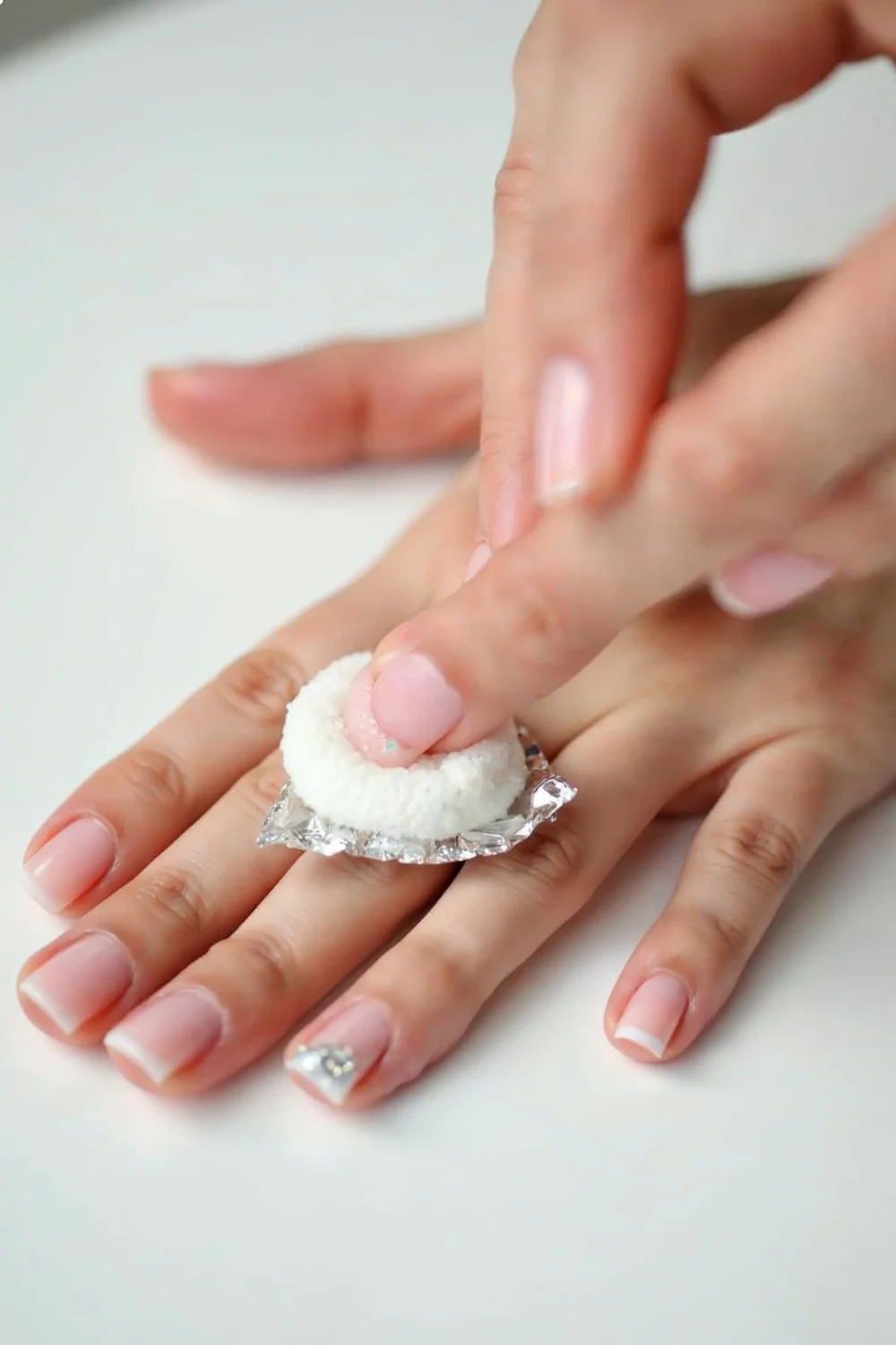 Petroleum jelly barrier applied around nails with a cotton pad soaked in acetone for gel nail removal at home