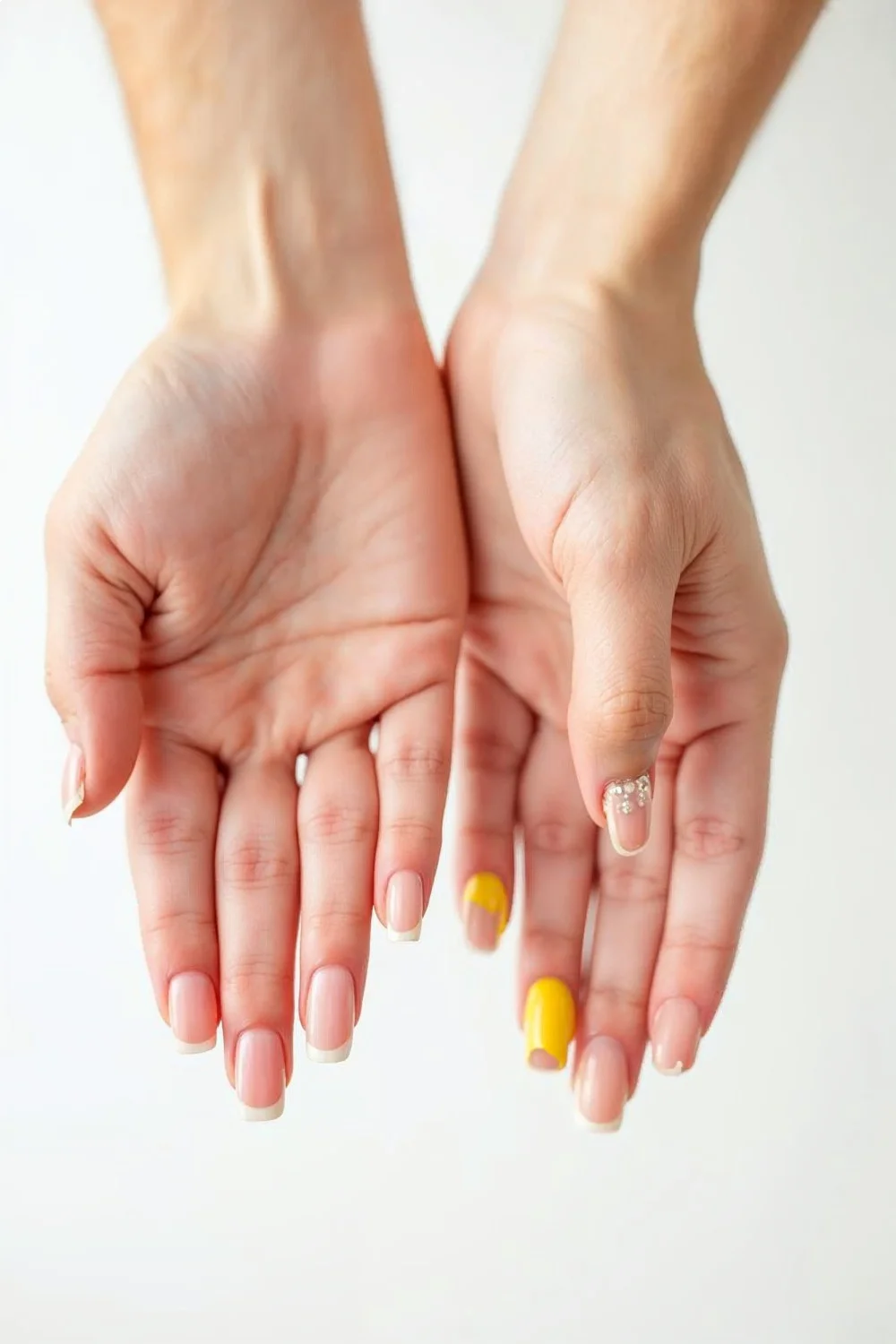 Close-up of two hands showing healthy nails with smooth pink beds and unhealthy nails with yellowing and peeling layers, heal