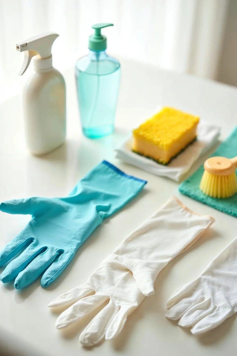 Flat lay of nitrile disposable, cotton-lined rubber, and thin cleaning gloves with dish soap, cleaning spray, and a sponge fo
