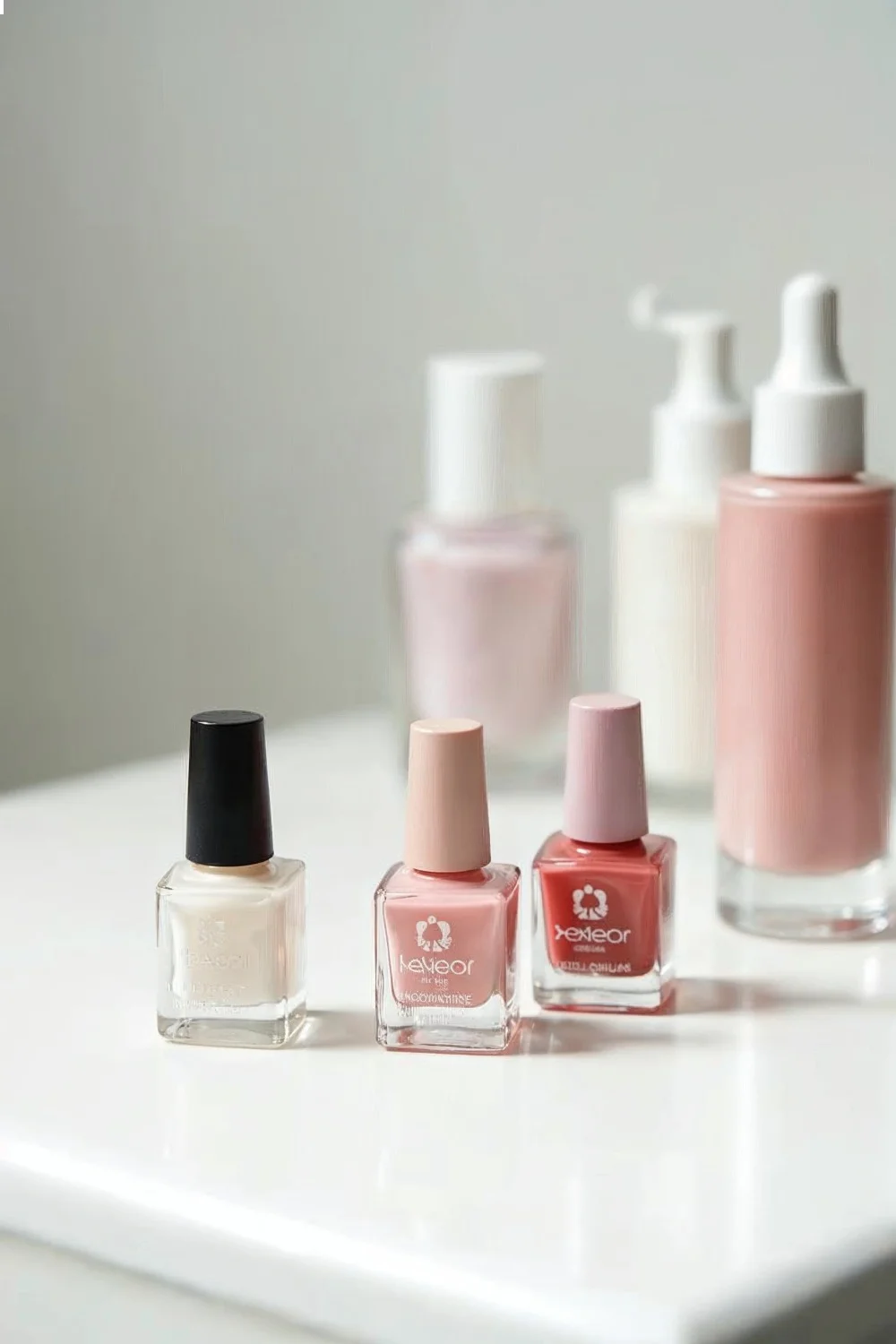 Base coat, 5-free color polish in coral pink and red, and top coat bottles on a clean white surface with ingredient labels vi