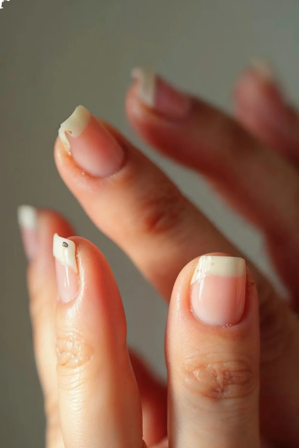 Brittle, peeling nail tips on one hand compared to smooth, flexible nails on the other after jojoba oil treatment, healthy na