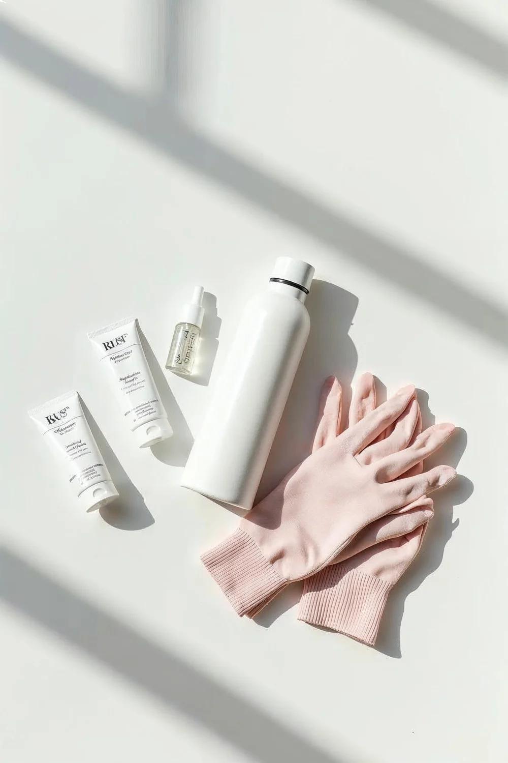 Hydration essentials including a water bottle, hand cream, cuticle oil, and moisturizing gloves on a white surface for how to