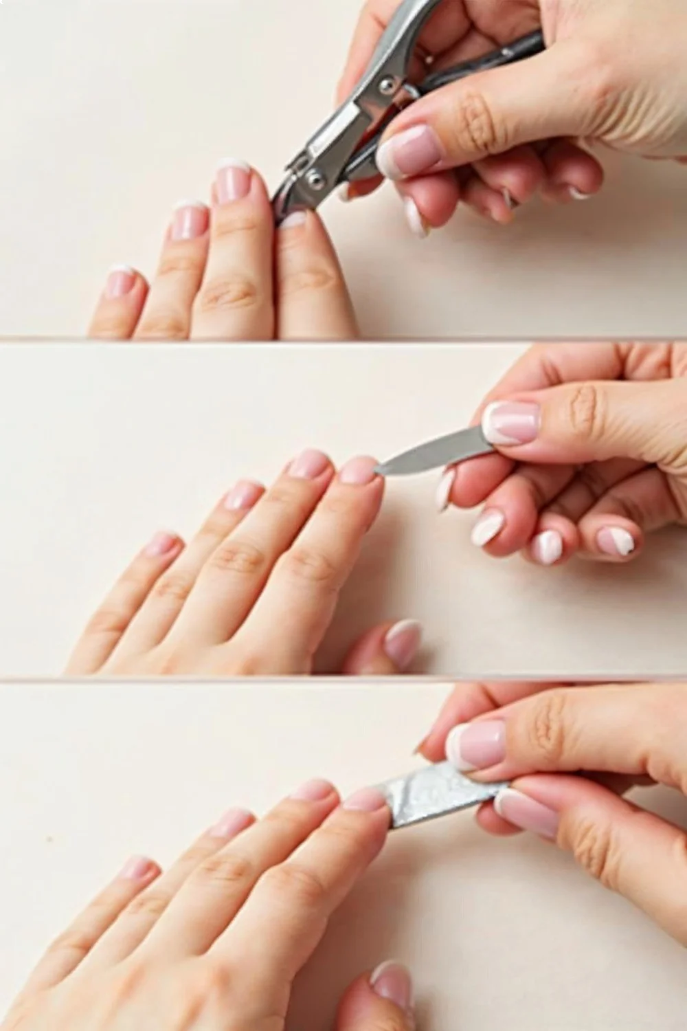 Natural nails being trimmed straight across with clippers, rounded gently with a glass file, and cuticle oil applied, demonst
