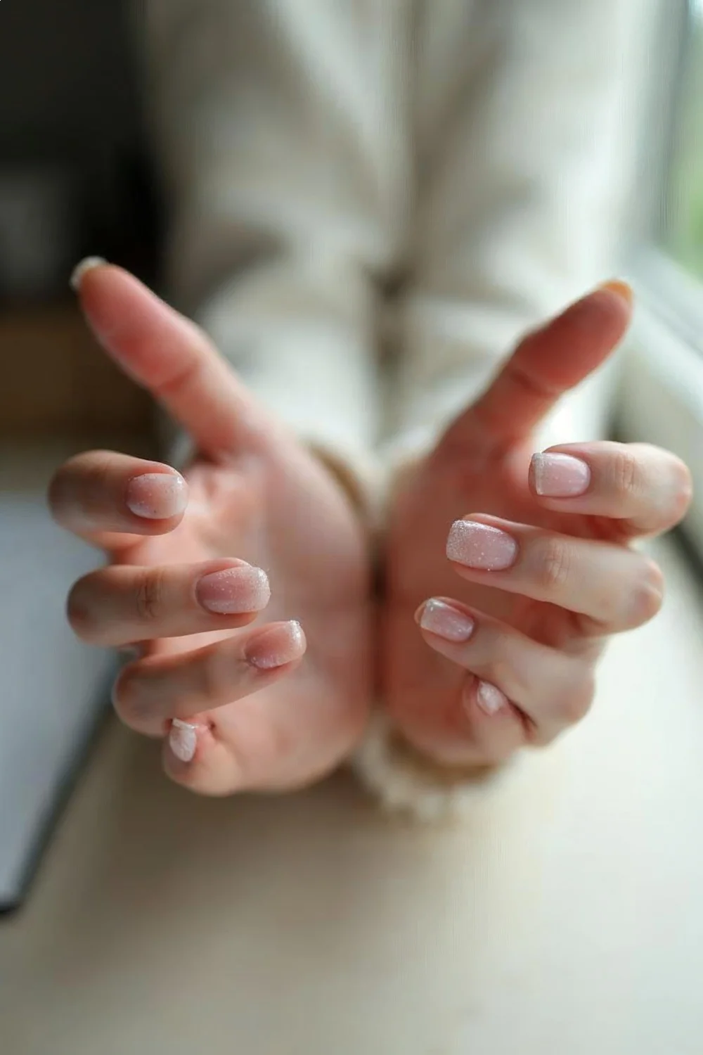 Side-by-side comparison of hands with coral pink nails, showing growth and thickness improvement over 8 weeks
