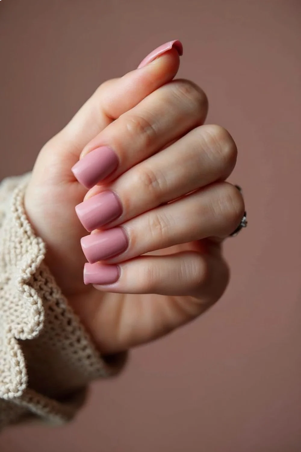 Four matte dusty rose nails and one glossy ring finger in the same color
