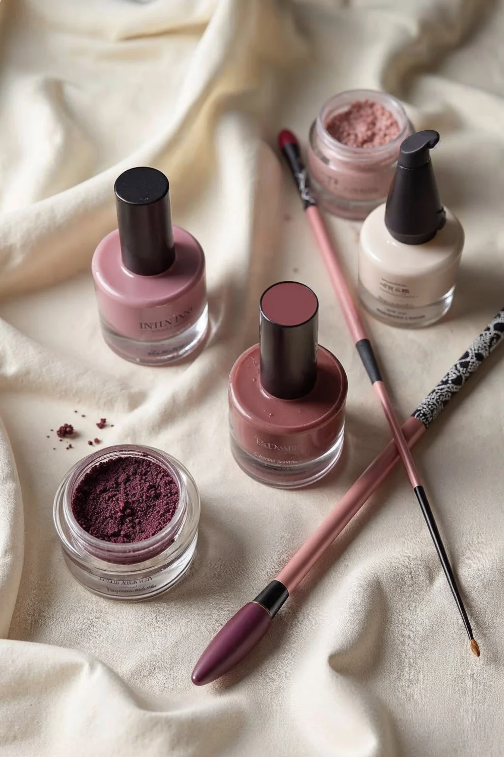 Flat lay of matte nail products including textured topcoats, velvet powders, and dual-finish tools on neutral linen