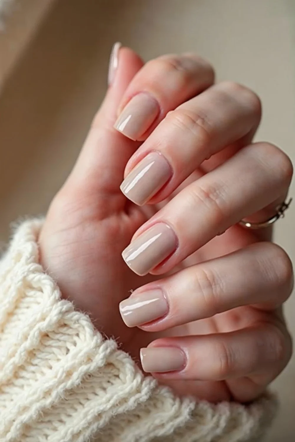 light beige matte nails with a glossy accent line on square tips