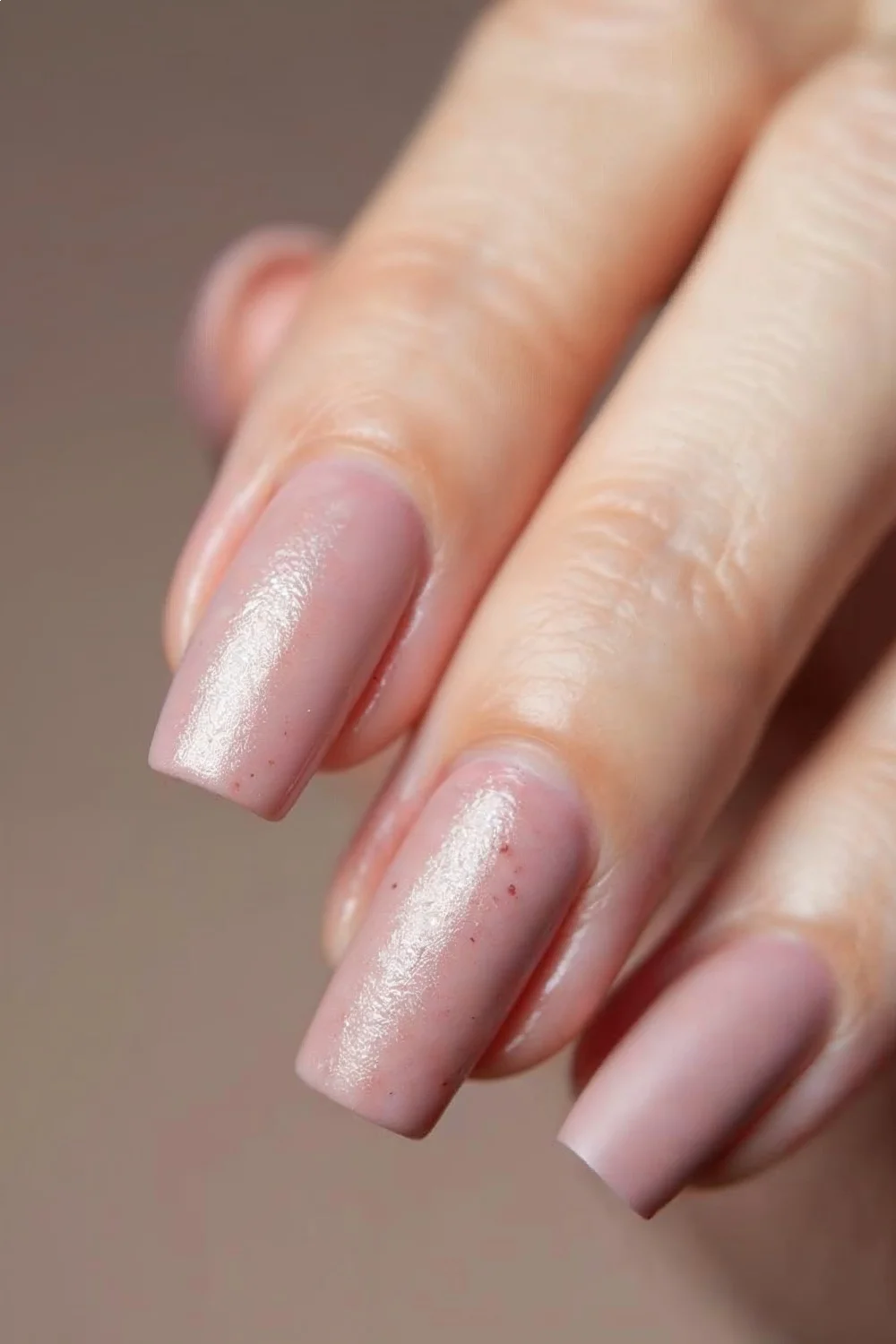 Matte nails in soft pink with slight shine on high-contact areas, showing wear from day 1 to day 7