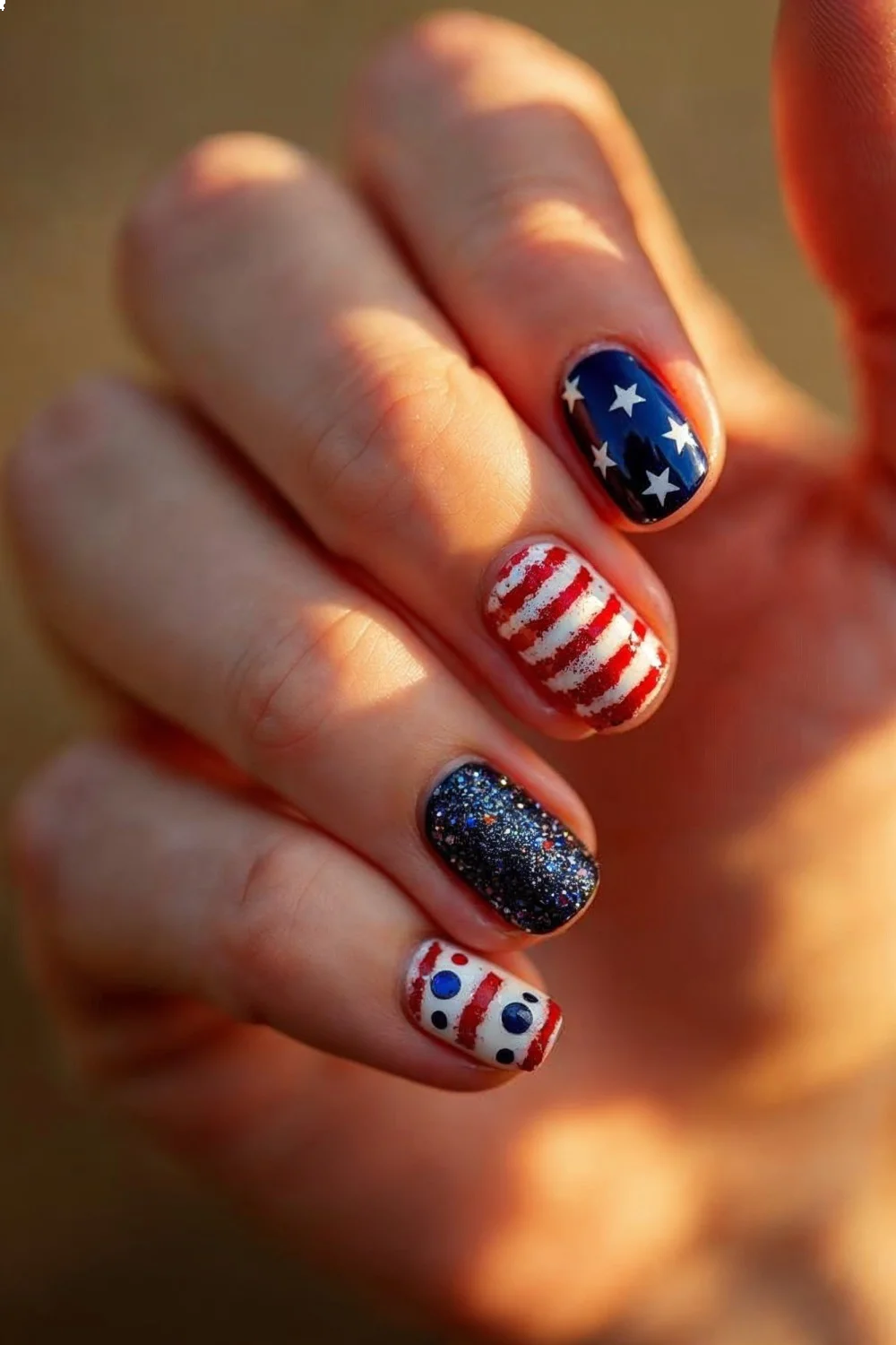 Red and white striped nails with blue stars, blue glitter, and polka dots for Memorial Day nails
