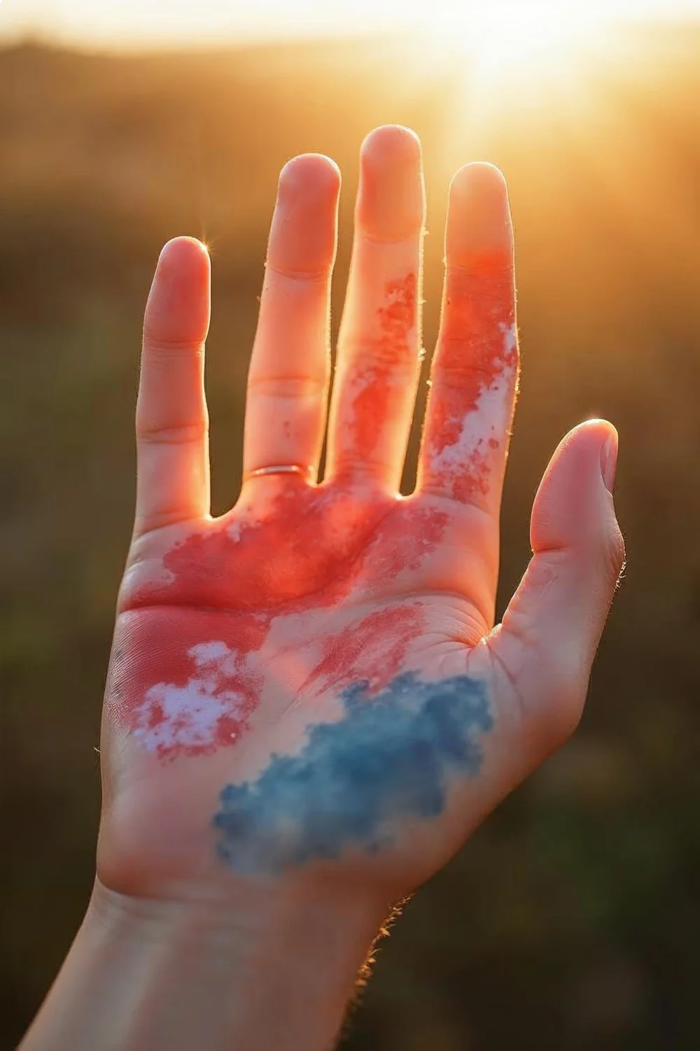 Watercolor effect on hand with soft reds and blues, featuring white accents, showcasing memorial day nails in natural light