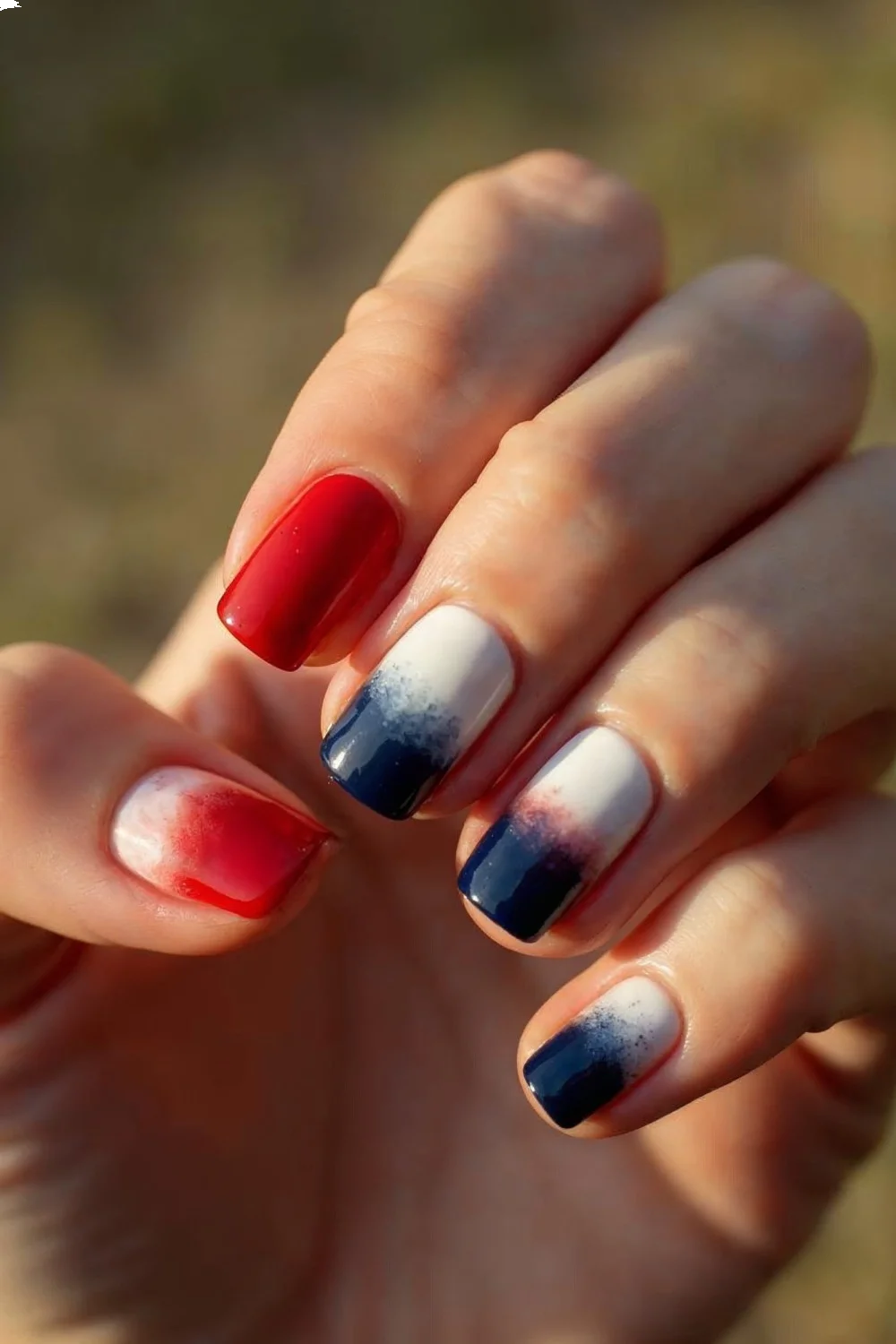 Horizontal ombre nails featuring red on the thumb, white on the middle fingers, and blue on the pinky for Memorial Day nails