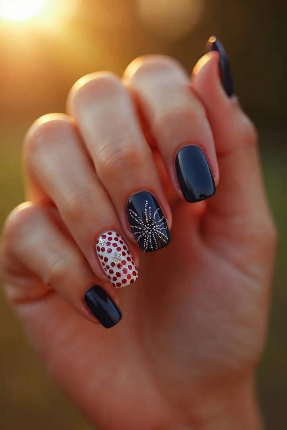 Navy nails with a white and red dotted firework burst on the ring finger, showcasing dimensional dot placement for Memorial D