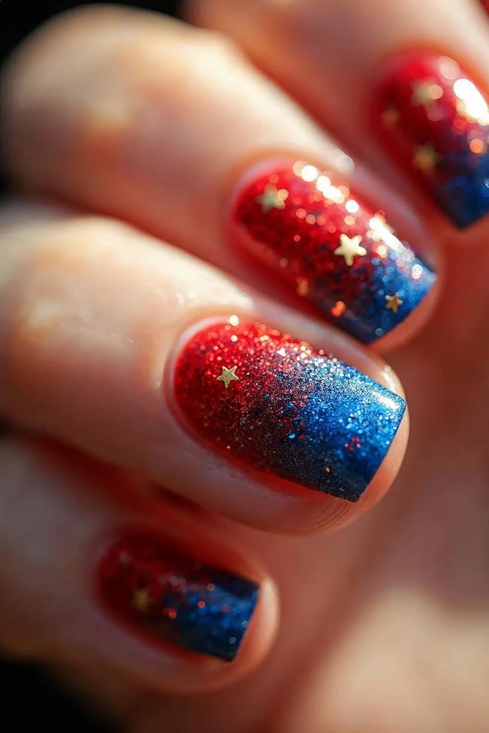 Red and blue glitter gradient nails with scattered gold stars on a white base, showcasing light reflection and dimension
