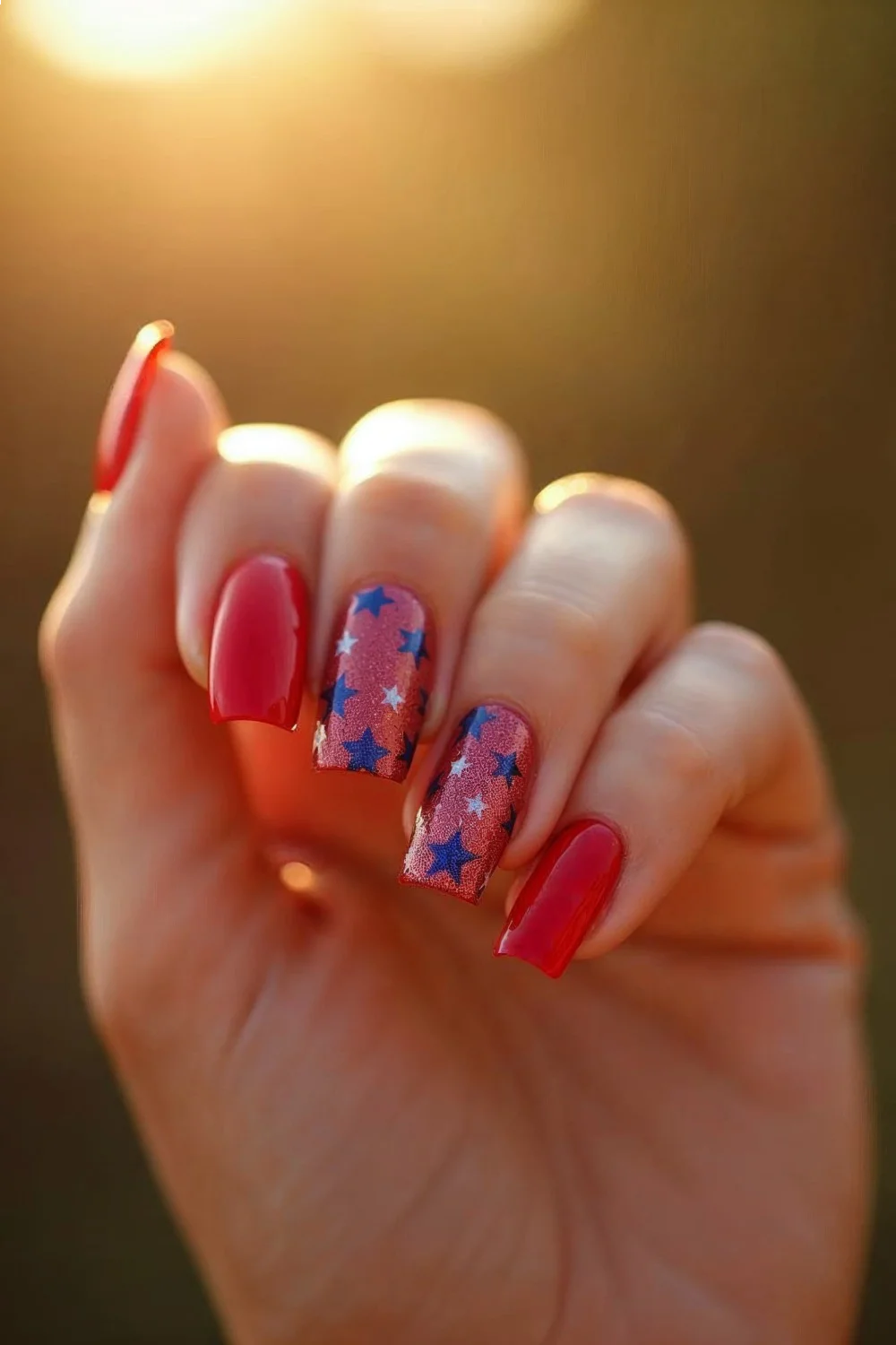 Red French tips with blue stars stamped on nails, showcasing a patriotic design for Memorial Day nails