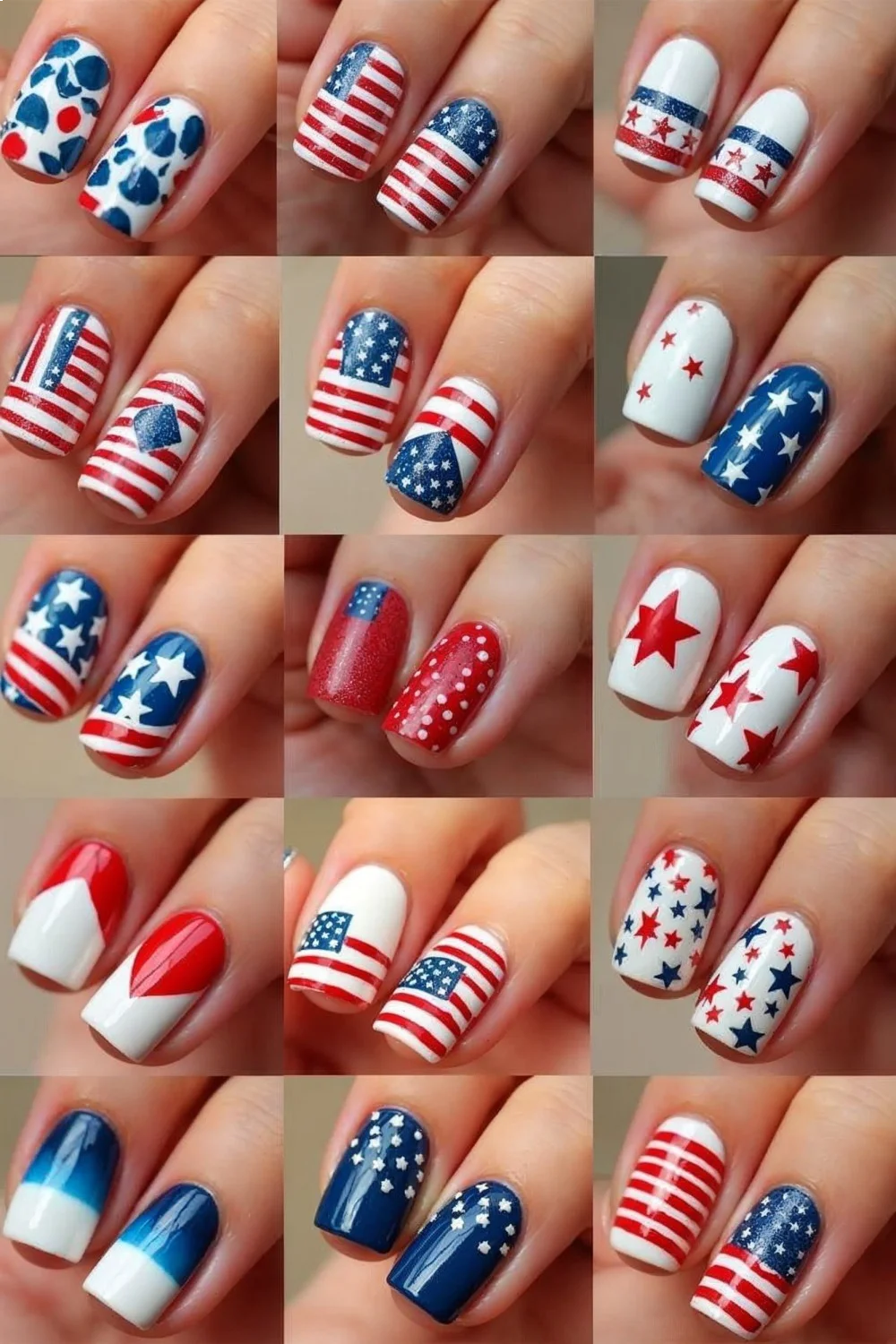 Grid of 15 Memorial Day nails featuring red, white, and blue designs with stars and stripes
