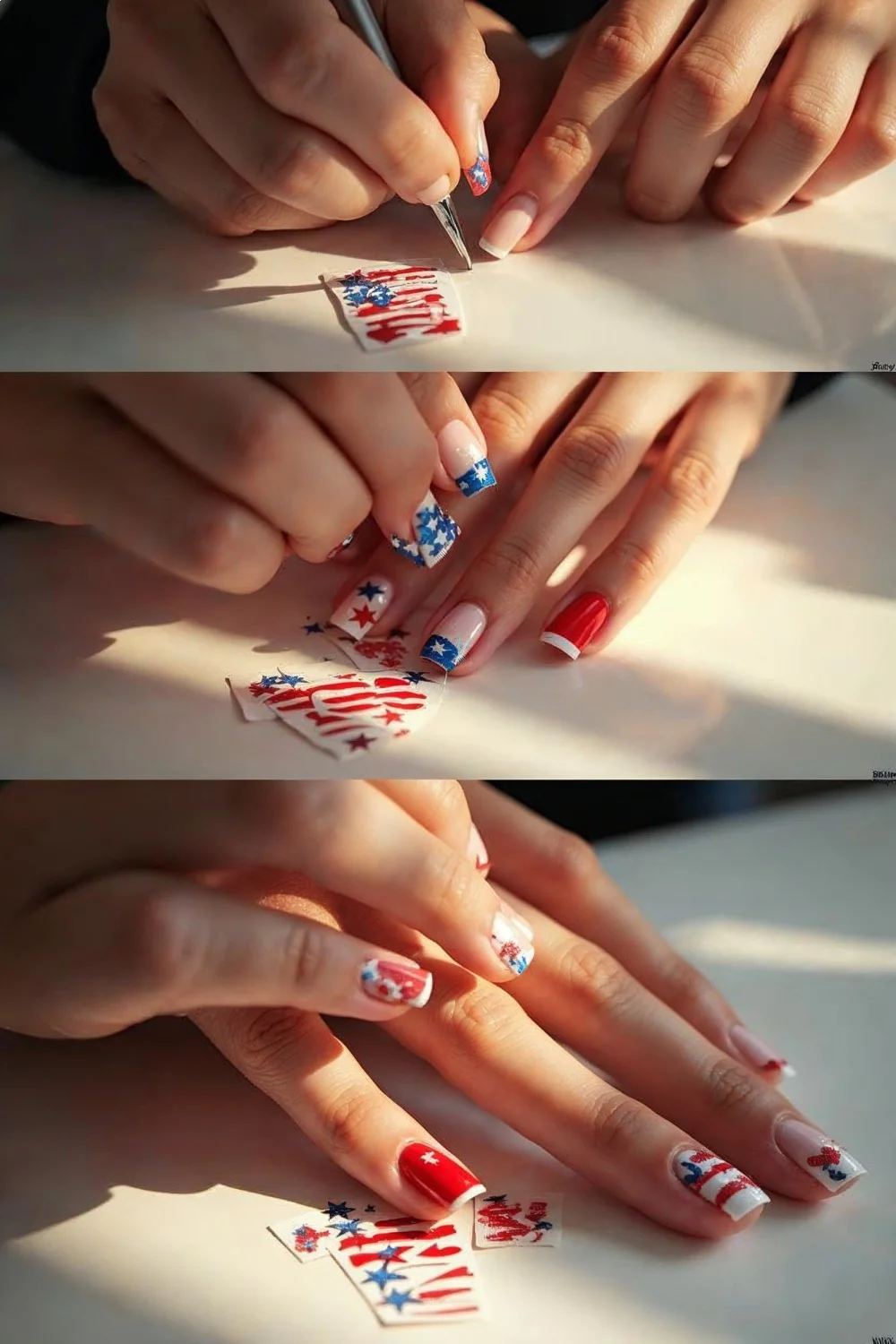 red and white striped nails with blue stars and accents for memorial day nails in step-by-step application