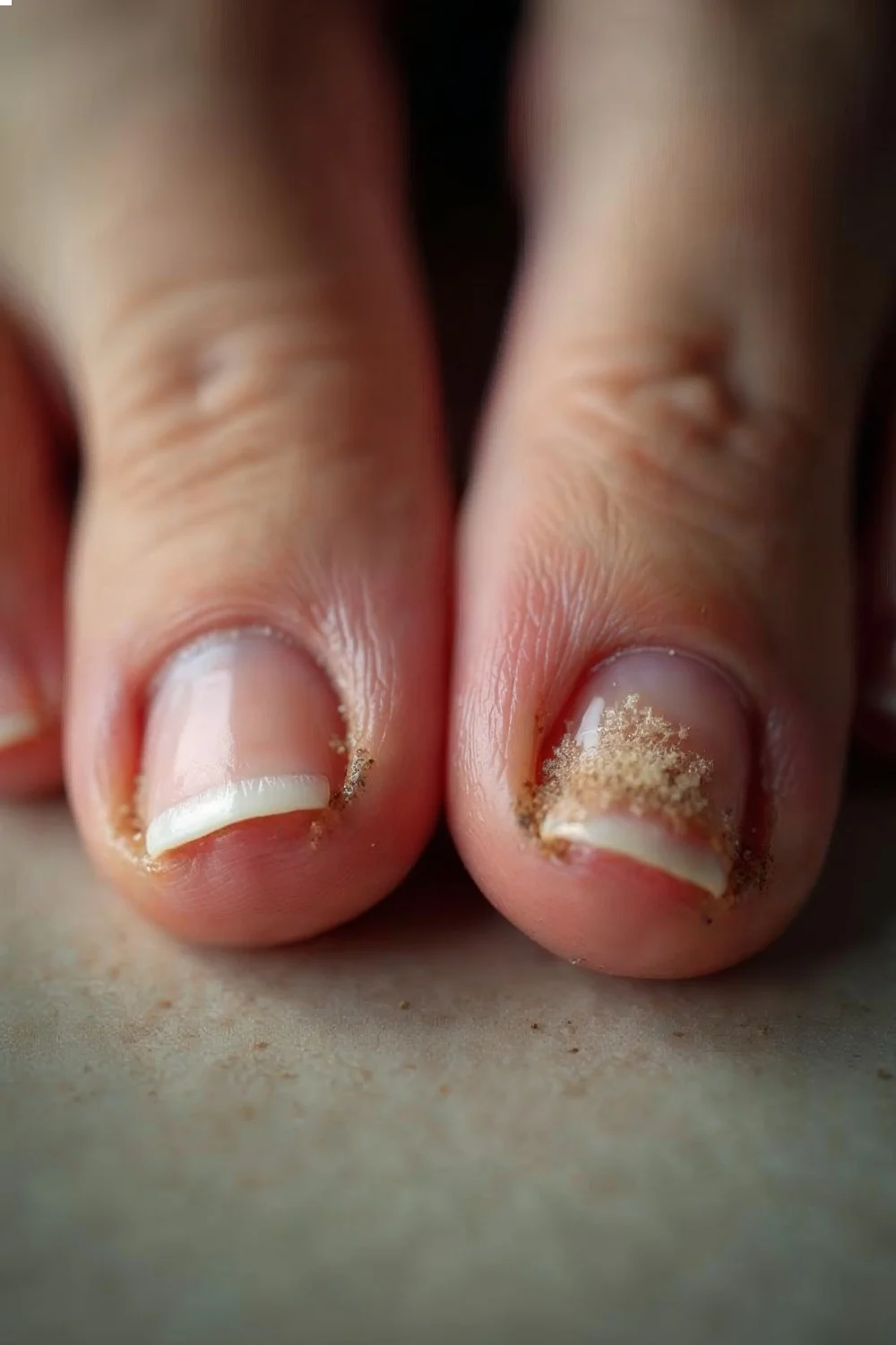 Close-up of two toenails, one healthy with a clear nail bed and the other showing signs of nail fungus prevention with discol