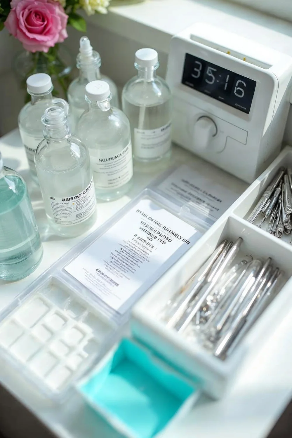 Organized nail tool disinfection station with labeled jars, clean and used tools separated, and a timer for nail fungus preve