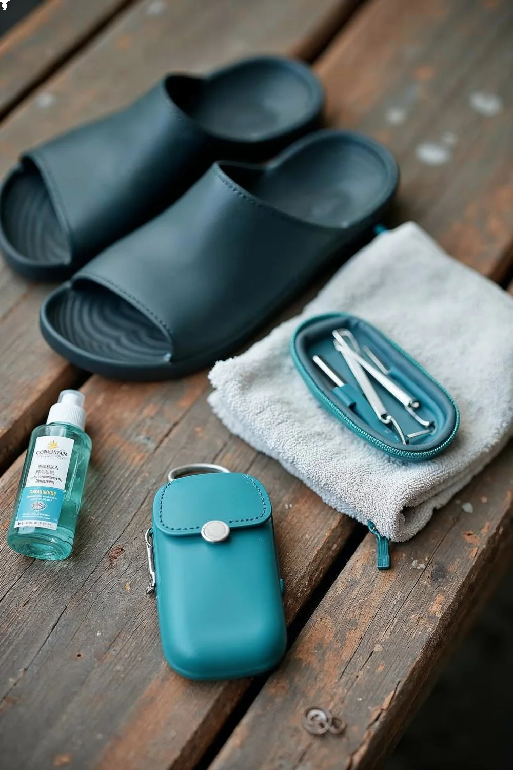 Waterproof black shower sandals, teal pedicure tool set, antifungal spray, and gray microfiber towel arranged on wood