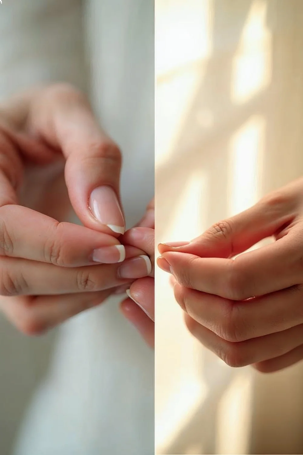 Side-by-side comparison of hands inspecting nails for nail fungus prevention, showing nail edge lifting and color examination