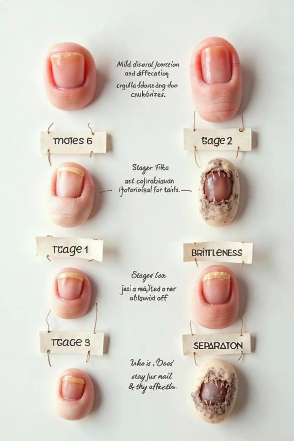 Progressive stages of nail fungus prevention showing healthy nails to advanced infection with discoloration and warning signs