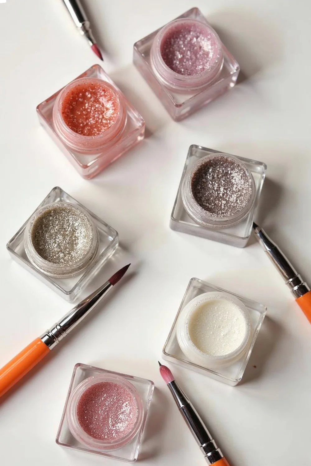 Flat lay showing different shimmer polishes and pearl powders arranged with brushes